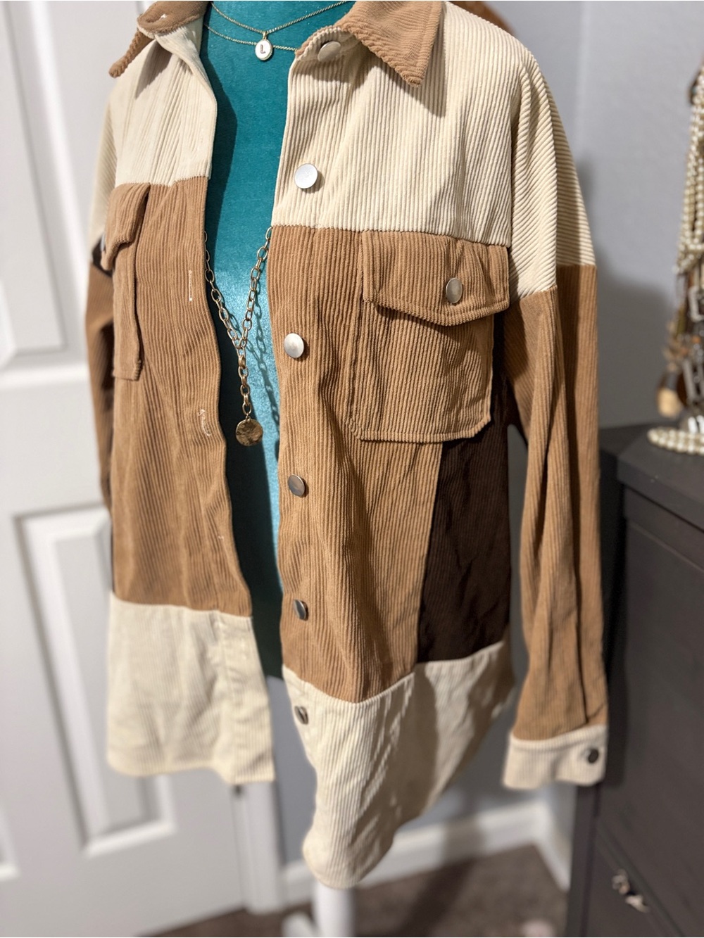 Fashion on EarthTwo-Tone Corduroy Shacket in Brown & Cream